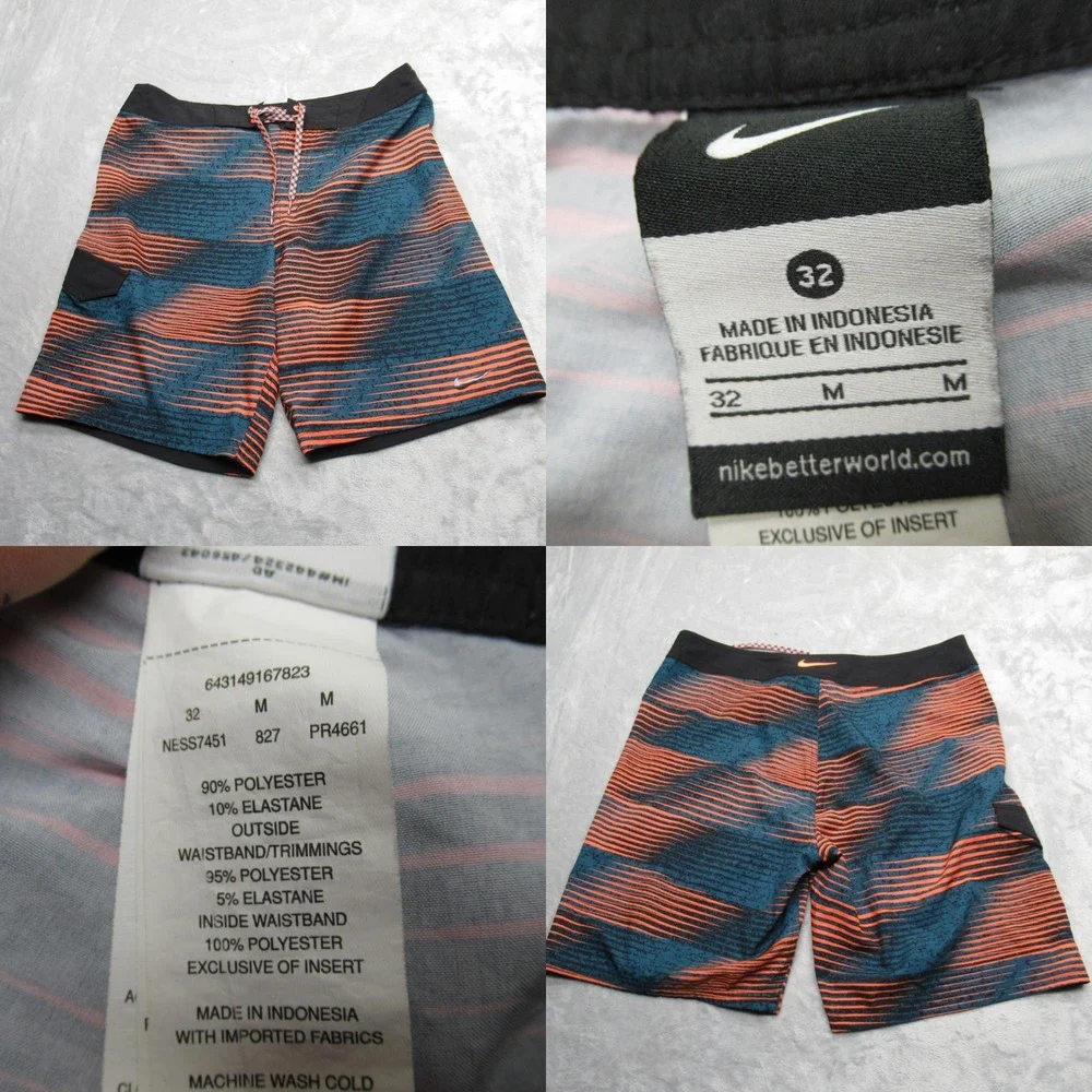 Nike Swim Shorts Mens 32 Orange Blue Striped Cargo Pocket‎ Lace Up Trunks Board